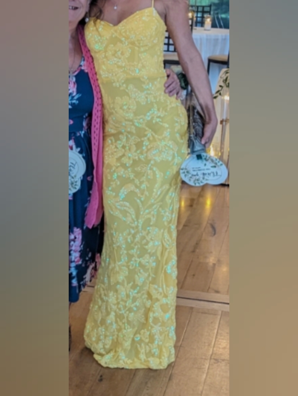 Yellow Beaded Spaghetti-Strap W/ Padding Evening Gown